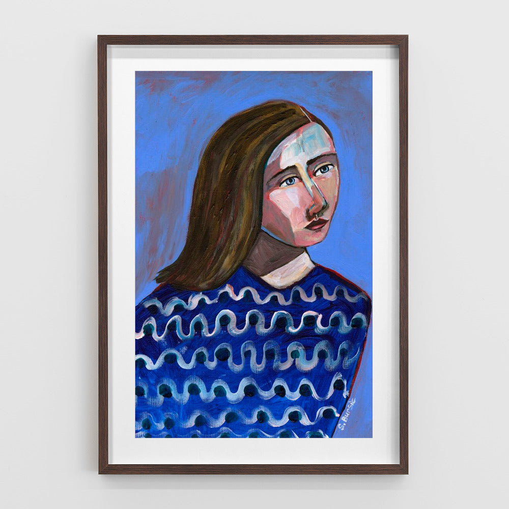 Woman in Blue Sweater Naive Portrait Figurative