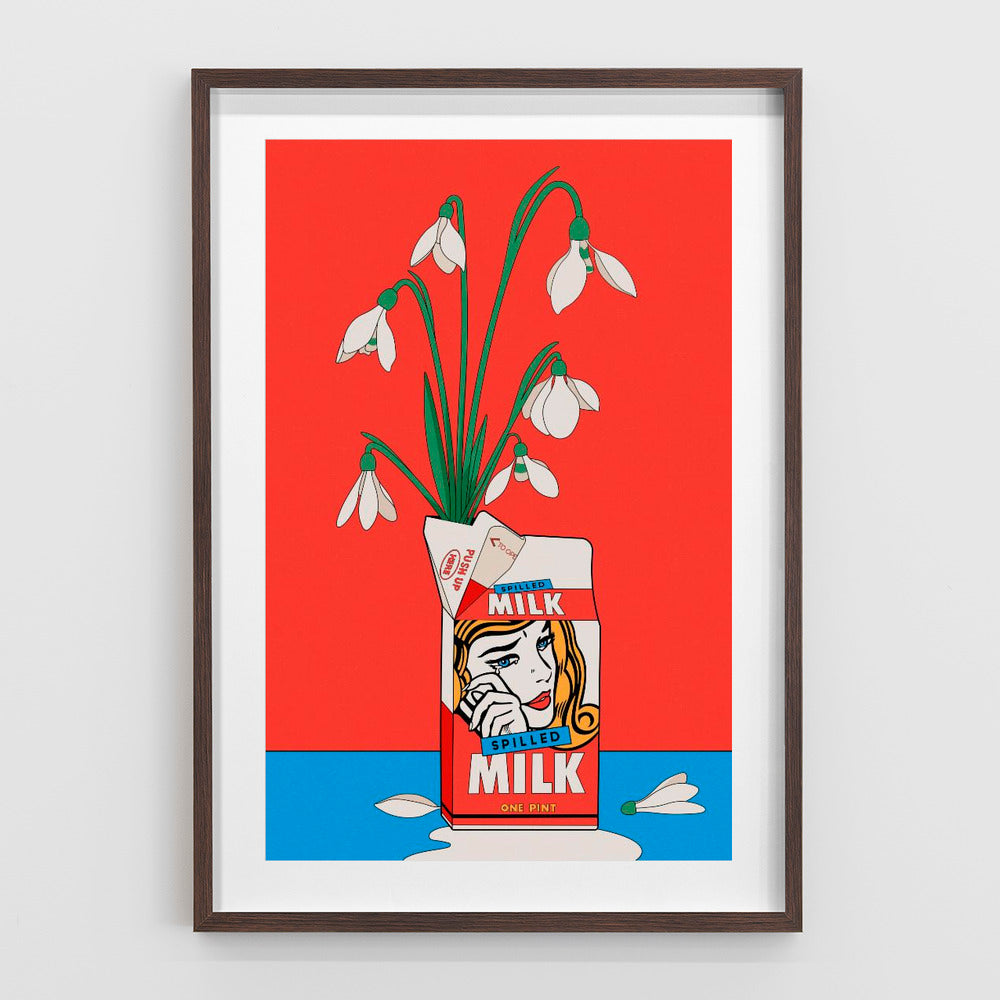 Snowdrops in Spilled Milk Carton Retro Illustration