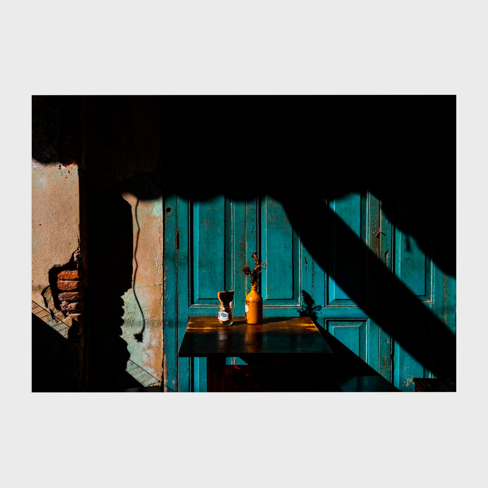 Empty table at cafeteria on the street side