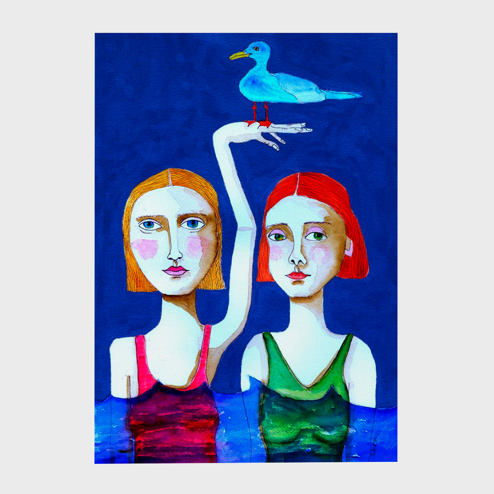 Swimming Ladies with Blue Bird