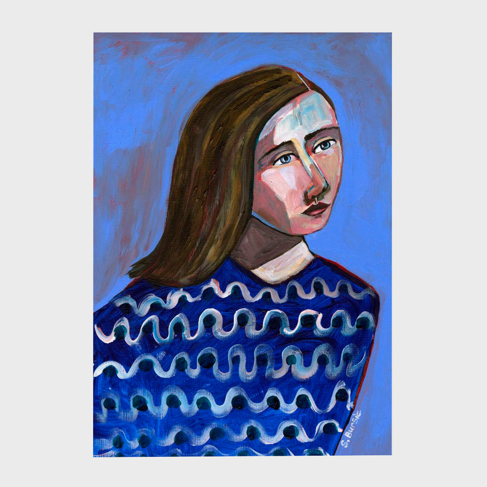 Woman in Blue Sweater Naive Portrait Figurative