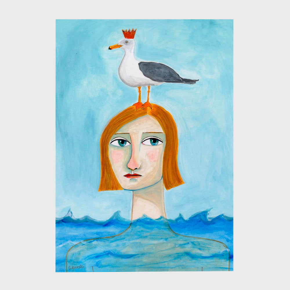 Nude Lady in Ocean with Seagull